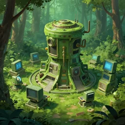 digital art of a green old command center in forest, ancient computers