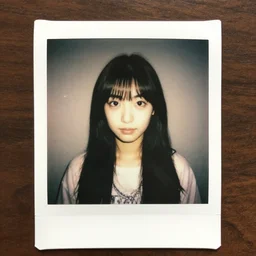 atmospheric polaroid photograph of japanese girl, long hair, bangs