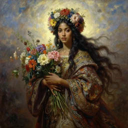 fantasy oil painting, a beautiful young dark woman, floral headdress, flowers, holding a bouquet of flowers, long flowing hair, ornate robe, ultra realistic, wide angle, intricate details, artifacts, luminous skies, highly detailed, michael cheval, peter mohrbacher, boris vallejo, jessica rossier, oil painting, highly detailed, cinematic lighting