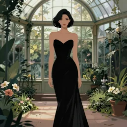 portrait of a woman in a black dress standing in an elegant greenhouse garden, dramatic lighting, illustration by greg rutkowski, yoji shinkawa, 4 k, digital art, concept art, trending on artstation