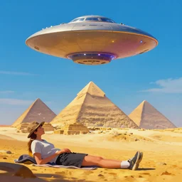 very relaxing wide shot of ufo above magical pyramids landscape, realistic render, vivid colors, artstation, by elsie driggs, peter blume, charles demuth, greg rutkowski