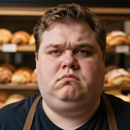 Close up portrait of a chubby man with a bakery the background. Photorealistic. Award winning. Dramatic lighting. Intricate details. UHD 8K. He looks guilty.