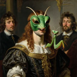 neoclassical portrait of a prince wearing a green praying mantis mask in his temple, by jacques - louis david, by greg rutkowski, by zdzisław beksinski, by josep tapiro baro, by caravaggio, trending on artstation, featured on pixiv, masterpiece, oil on canvas, cinematic composition, dynamic beautiful lighting,