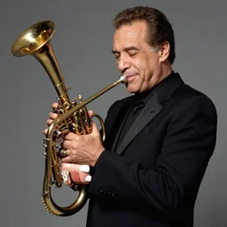 photo of chuck mangione hugging his flugelhorn