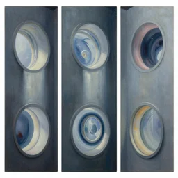 triptych style painting showing walls with circular portals to another, sharp focus, world, digital, detailed artist, wlop artgerm