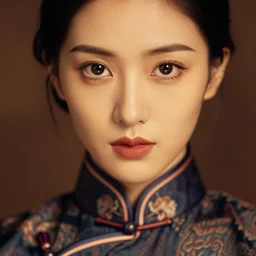 a portrait photograph of a beautiful woman in an elegant cheongsam, intense focused expression, dof, sharp focus, highly detailed face, symmetric face, realistic iris, warm color palette, cinestill 8 0 0 t, photography by paolo roversi