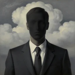 portrait of a faceless shadow - head man in a suit, clouds in the background, by rene magritte, detailed painting, distance, middle centered, hd, hq, high resolution, high detail, 4 k, 8 k
