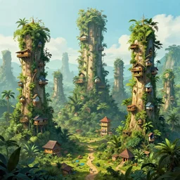 long and tall fractal houses, village, jungle, artstation, digital art