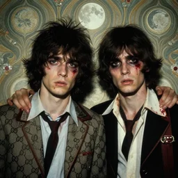 two beautiful but sinister young men wearing gucci in layers of fear, with haunted eyes and wild hair, 1 9 7 0 s, seventies, wallpaper, a little blood, moonlight showing injuries, delicate embellishments, painterly, offset printing technique, by brom, robert henri, walter popp