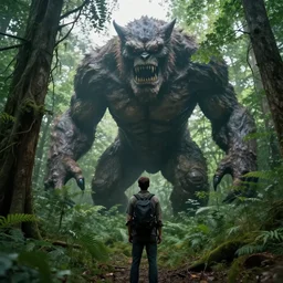 a man looking in the forest to see an oversized terrifying creature