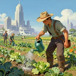 a mixed media closeup portrait painting of a gardener watering a field of vegetable crops with a watering - can, minimalist, a ruined futuristic art deco city sits in the distance, by frank frazetta, greg rutkowski, beeple, yoko taro, christian macnevin, beeple, wlop and krenz cushart, epic fantasy character art, volumetric outdoor lighting, midday, high fantasy, cgsociety, cheerful colours, full length, exquisite detail, post - processing, masterpiece, cinematic