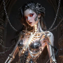 portrait of an absurdly beautiful, graceful, sophisticated, fashionable futuristic female skeleton with sections of skin showing, glowing internal light, hyperdetailed illustration by irakli nadar and alexandre ferra, intricate linework, intricate chrome chains, wet dripping goo, dark atmosphere, glowing red eyes, unreal engine 5 highly rendered, global illumination, radiant light, detailed and intricate environment