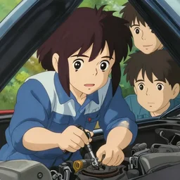 portrait of a cute mechanic fixing a car, finely detailed features, closeup at the faces ( opcional ), perfect art, gapmoe yandere grimdark, trending on pixiv fanbox, painted by makoto shinkai takashi takeuchi studio ghibli, akihiko yoshida,
