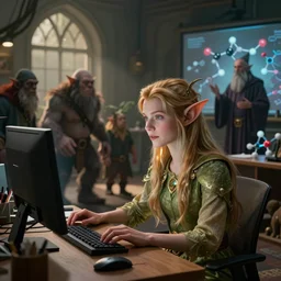 a modern day elf working in an office at his desk computer, there are orcs and dwarves walking around nearby and a wizard is teaching a classroom about molecular biology