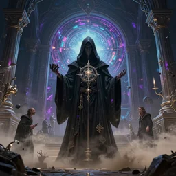 center view of an extremely detailed intricate concept art of hooded necromancer in front of a lovecraft portal, wide - angle portrait, by android jones and greg rutkowski, gaston bussiere, craig mullins, synthwave color scheme, cinematic lighting, trending on artstation, volumetric dust, intricate, elegant, pro photography by, vivid colors