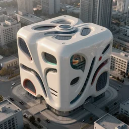solarpunk aerial architectural photograph of a cubic high tech building with smooth organic curved flowing sci - fi streamlined cuts on the facade, off white with colorful cuts, standing out within a grey urban area