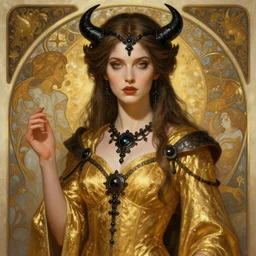 Portrait of a Holy Necromancer, female, beautiful, golden robes, exquisite black accessories, highly detailed, smooth, digital painting, illustration, fantasy, by Krenz Cushart and Artem Demura and alphonse mucha