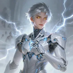 portrait of handsome guy in cyber armor, dreamy and ethereal, expressive pose, gold eyes, exciting expression, fantasy, intricate, elegant, many lightning, cold color, highly detailed, digital painting, artstation, concept art, cyberpunk wearing, smooth, sharp focus, led, artstation character reference sheet.