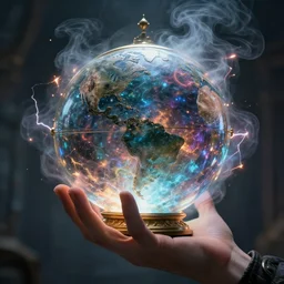 A hand holding a powerful wizards orb containing an apocalyptic vision, smoke electricity sparks emanate from the wizards orb, ultra high resolution, hyper realistic, intricate details, cinematic, award winning. Rendered with octane unreal engine.