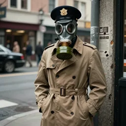 a trenchcoat soldier wearing a gasmask and officer hat, standing on street corner, gritty, noir s- 90
