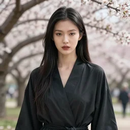 detailed cinematic wide shot of beautiful attractive tao okamoto asian vampire woman wearing black bath robe slim face symettrical face clean skin black eyes black robe smooth, sharp focus, ultra realistic, spring light, painting by gaston bussiere, craig mullins, j. c. leyendecker