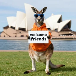 a portrait photo of a kangaroo wearing an orange hoodie and blue sunglasses standing on the grass ( in front of the sydney opera house ) holding a sign on the chest that says welcome friends, subject : kangaroo, subject detail : wearing orange hoodie, wearing blue sunglasses, subject location : sydney opera house, subject action : holding sign