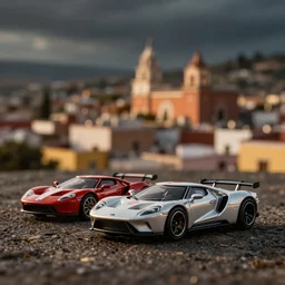 3 5 mm photo of ford gt, like die cast model, with a blur guanajuato city as background, golden ratio, dramatic lighting, medium shot, shallow depth of field, 8 k, epic cinematic, epic lighting