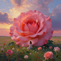 giant rose flower head, girl sitting in a flower field, surreal photography, sunrise, dramatic light, impressionist painting, colorful clouds, digital painting, artstation, simon stalenhag