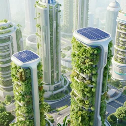 future solarpunk city, vertical farming on walls, solar on roof, vegetation everywhere