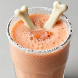 high quality food photography, blended salmon smoothie, bones floating, bone garnish, salted rim, bubbling