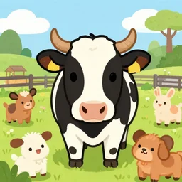 a cute illustration of a cow, cow face front and central, surrounded by farmyard friends, new zealand farm by dan mumford