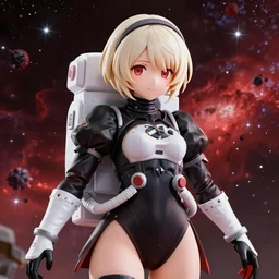 Nendoroid of a hopeful pretty astronaut lady with a wavy blonde hair, 4k resolution, nier:automata inspired, bravely default inspired, vibrant but dreary but upflifting red, black and white color scheme!!! ((Space nebula background))