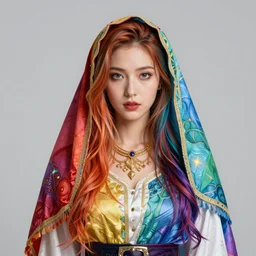 studio portrait of neutral good rainbow colorful female cleric bard healer as absurdly beautiful, elegant, realistic young gravure idol looking straight, an ultrafine hyperdetailed illustration by kim jung gi, irakli nadar, intricate linework, detailed faces, super sharp focus, bright colors, octopath traveler, unreal engine 5 highly rendered, global illumination, radiant light