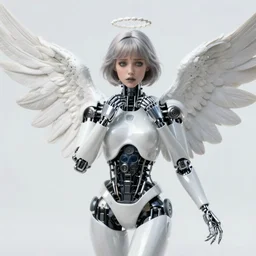 A beautiful terrified robotic angel by Dan Mumford and Alberto Vargas and Josan Gonzalez and Gil Elvgren, black border, vibrant, white, orange, blue