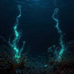 alien plants in the bottom of the sea floating in the dark, bioluminiscense, fantasy art