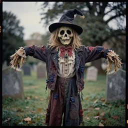 kodak portra 4 0 0, wetplate, muted colours, 5 0 0 mm lens, 1 9 6 0 s award winning colour portrait of a beautiful and hyperdetailed spooky scarecrow in an old cemetery in 1 8 8 0 s london by saul leiter, insanely detailed, insanely intricate, depth of field, motion blur, vivid colours, blueberry