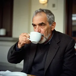 a kodachrome photo of a old man driking coffe