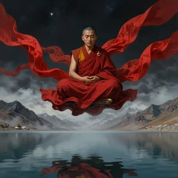 abstract portrait of a tibetan monk in lotus position flying over himalaya mountains lake in weightlessness in liquid traditional red cloth. a lot of flying red fabric around, reflections in lake water, dark starry night, small foggy and gloomy, highly detailed, abstract surrealism science fiction paint by salvador dali, jeremy geddes