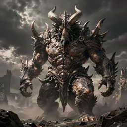raijin demon concept, horned, bulky body, beksinski