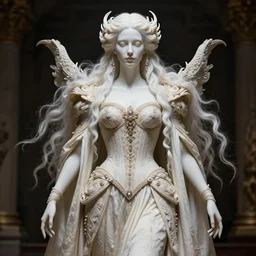 renaissance style a wonderful woman albino goddess with a wonderful face and realistic arms and hands and realistic body with long intricate hair with a beautiful porcelain symmetrical body dressed with a majestic warp ornate cream long cotton dress, hightly ornate, intricate, detailed, dramatic light, cinematic, award winning, octane render, tom bagshaw style