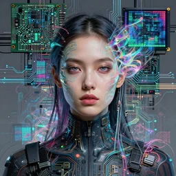 female cyberpunk portrait by cy Twombly and BASTIEN LECOUFFE DEHARME, circuit boards, led display, iridescent fractal, high tech
