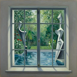 water, window, garden, surreal by dan mumford and umberto boccioni, oil on canvas