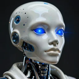 angled facial portrait of a cyberpunk bone ceramic caliente humanoid robot Brasileiro with an attractive face and handsome features, large blue laser eyes, macho, piroca, dotado, guapo, reflective surface, trending on cgsociety, trending on artstation