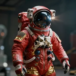ornate red bone in astronaut suit, gold linens, cinematic lighting, dramatic,  octane render, long lens, shallow depth of field, bokeh, anamorphic lens flare, 8k, hyper detailed, 35mm film grain