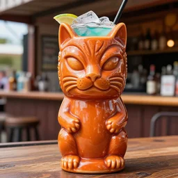 a closeup photorealistic photograph of a glossy orange cat ben grimm style tiki mug sitting at an outdoor trader vic's bar featuring ben grimm's face. tiki theme. icy colorful drink. bright scene. fine detail. this 4 k hd image is trending on artstation, featured on behance, well - rendered, extra crisp, features intricate detail, epic composition and the style of unreal engine.