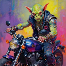 a portrait of an apocalyptic scifi orc biker character posing with a motorcycle, psychedelic vibrant colors, futuristic punk rock fashion, oil painting by michael whelan art, perfect face, sharp focus, detailed eyes, realistic, 8 k