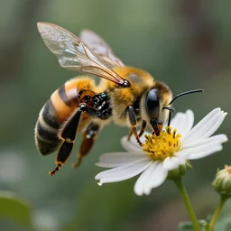 super macro of a mechanical robotic cyborg bee drinking from a flower in the forest. fantasy magic style. highly detailed 8 k. intricate. nikon d 8 5 0 3 0 0 mm. award winning photography.