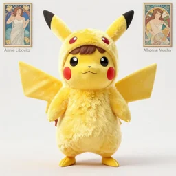 girl in a pikachu costume, art by Annie Libovitz and Alhpnse Mucha,