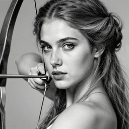 beautiful young aphrodite goddess, archer, realistic face, beautiful eyes, black and white drawing, in the style of greg rutkowski, fantasy, amazing detail, hyperrealistic, hyperdetailed, high resolution, epic, intricate, elegant, style of laura sava, smooth, sharp focus