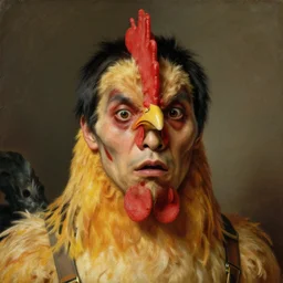 closeup portrait of an asian scary man dressed as a chicken, highly detailed painting by gaston bussiere, craig mullins, j. c. leyendecker 8 k